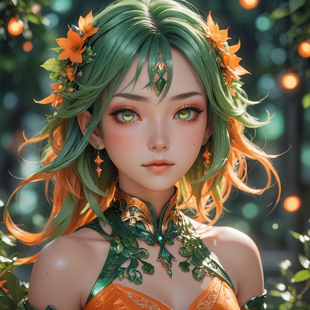 Anime Girl Portrait in Orange Dress with Green Accents
