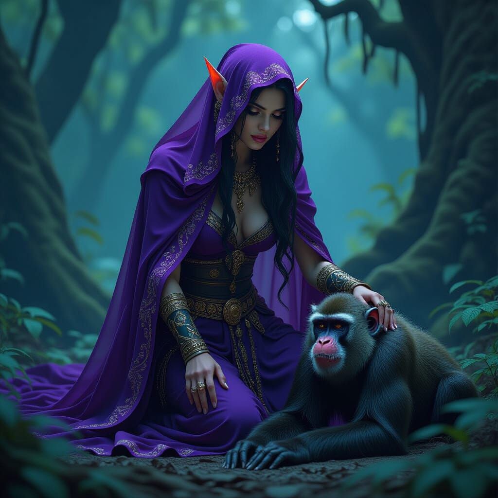 Wounded Elf Victorious Over Baboon in Matte Painting Style