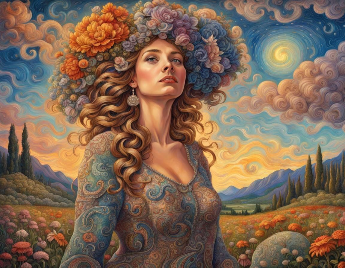 Woman in Paisley Dress with Van Gogh Sky