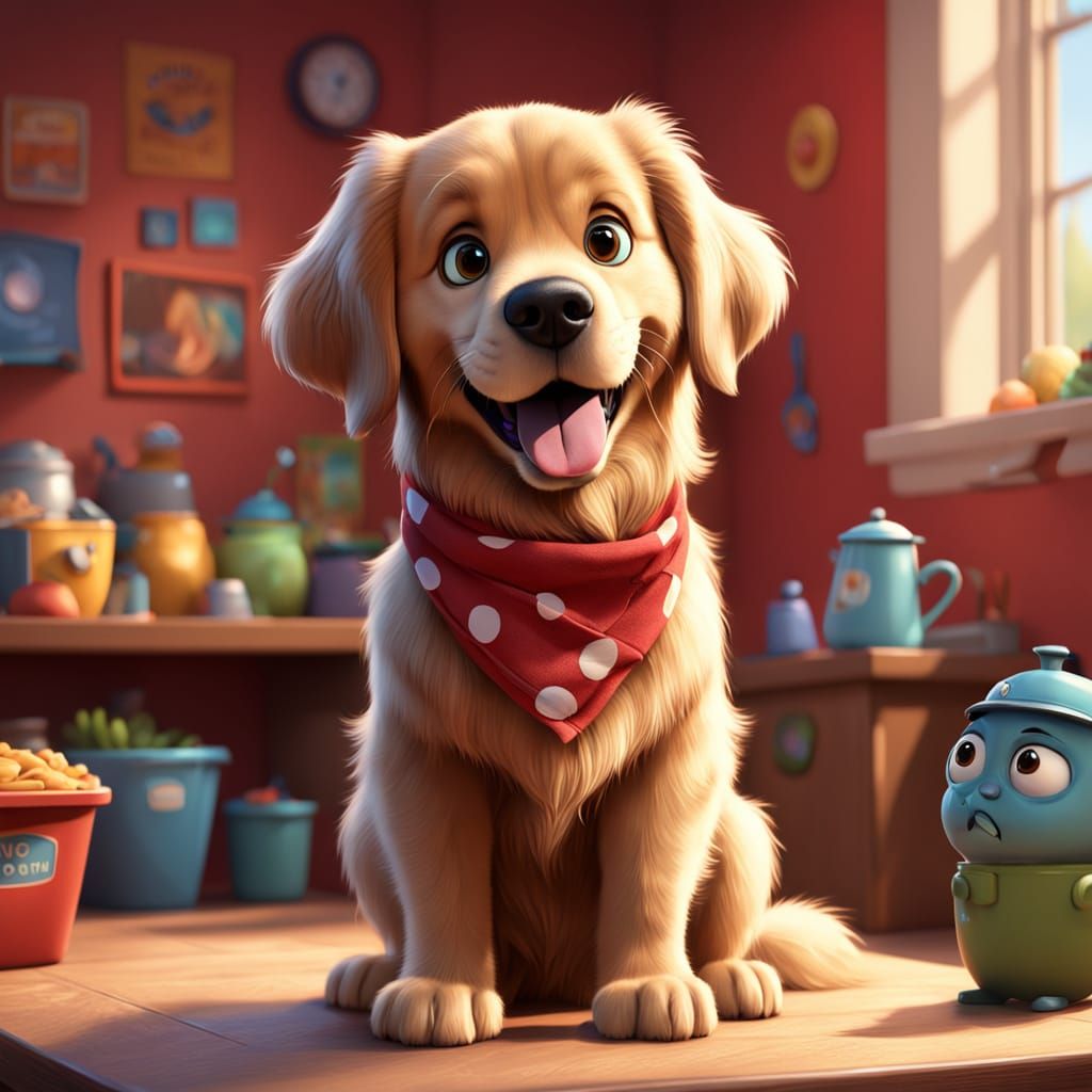 Comical Golden Retriever in Disney Pixar Style