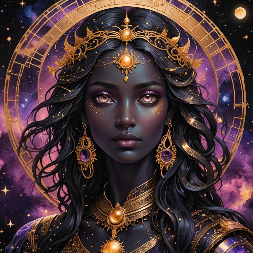 Virgo in Bronze and Gold Under Astral Moonlight