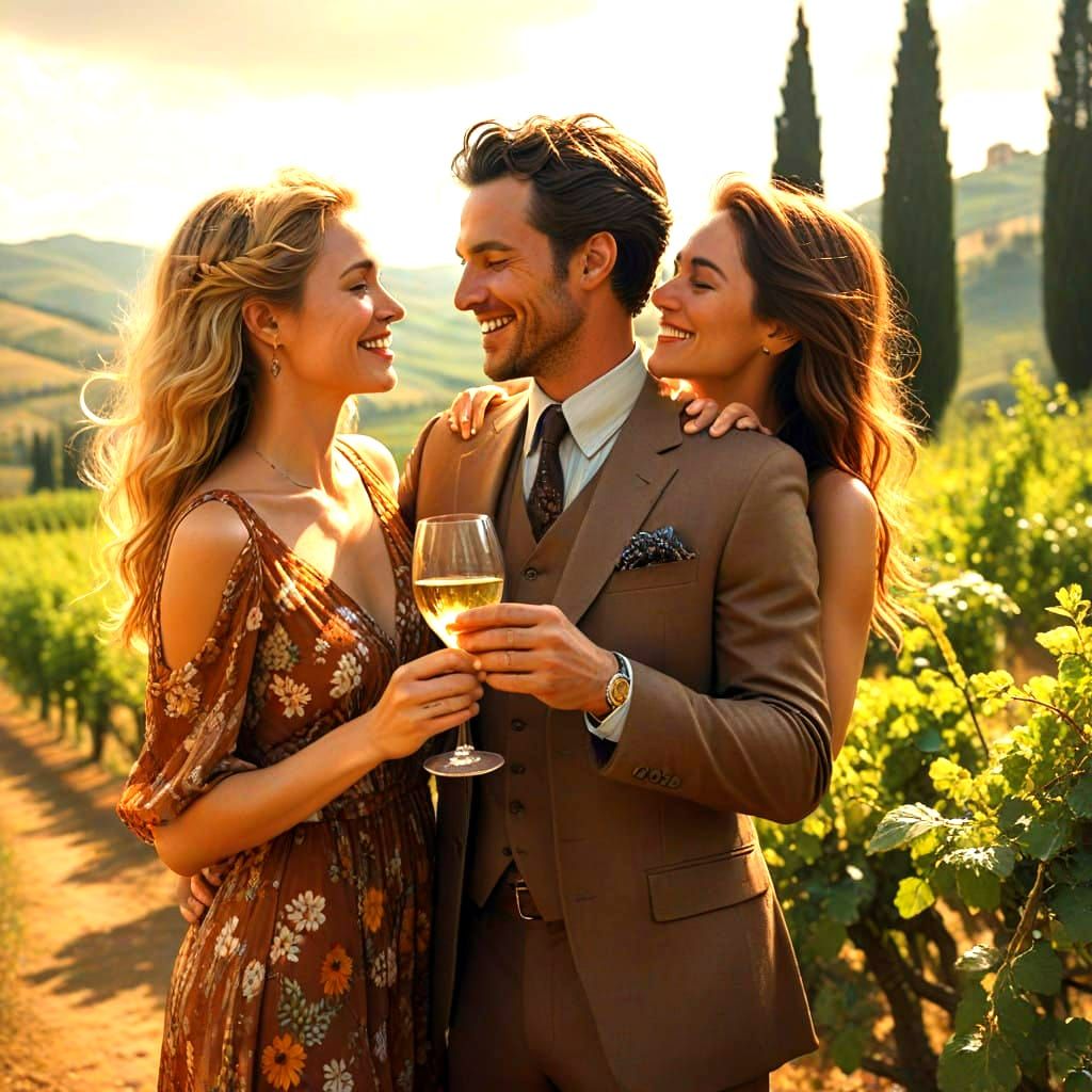 Happy Couple in Tuscany Vineyard, 1970s Style