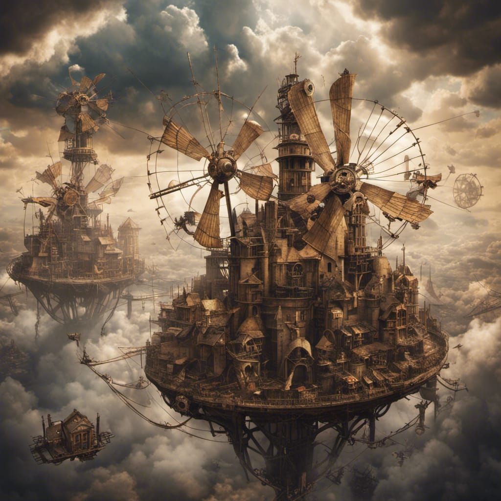 Steampunk City Floating on Cloud with Windmills
