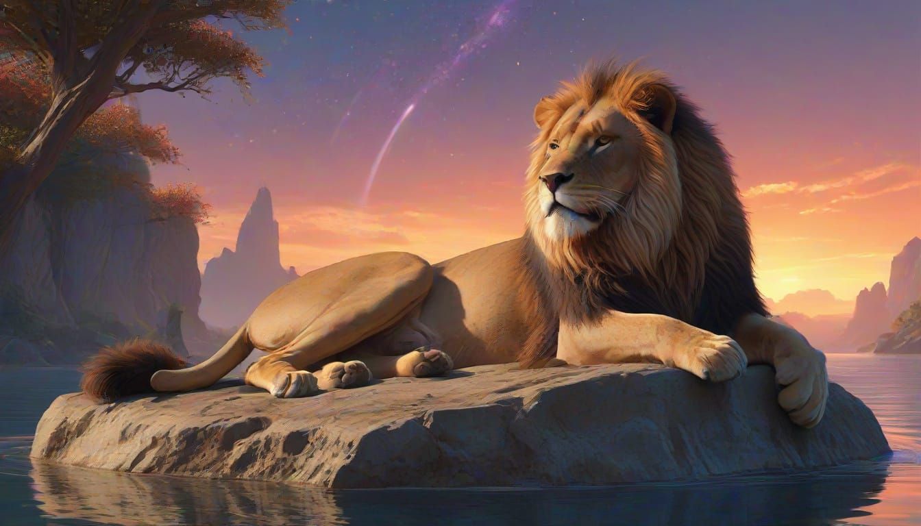 Cosmic Lion on Floating Island, Digital Painting