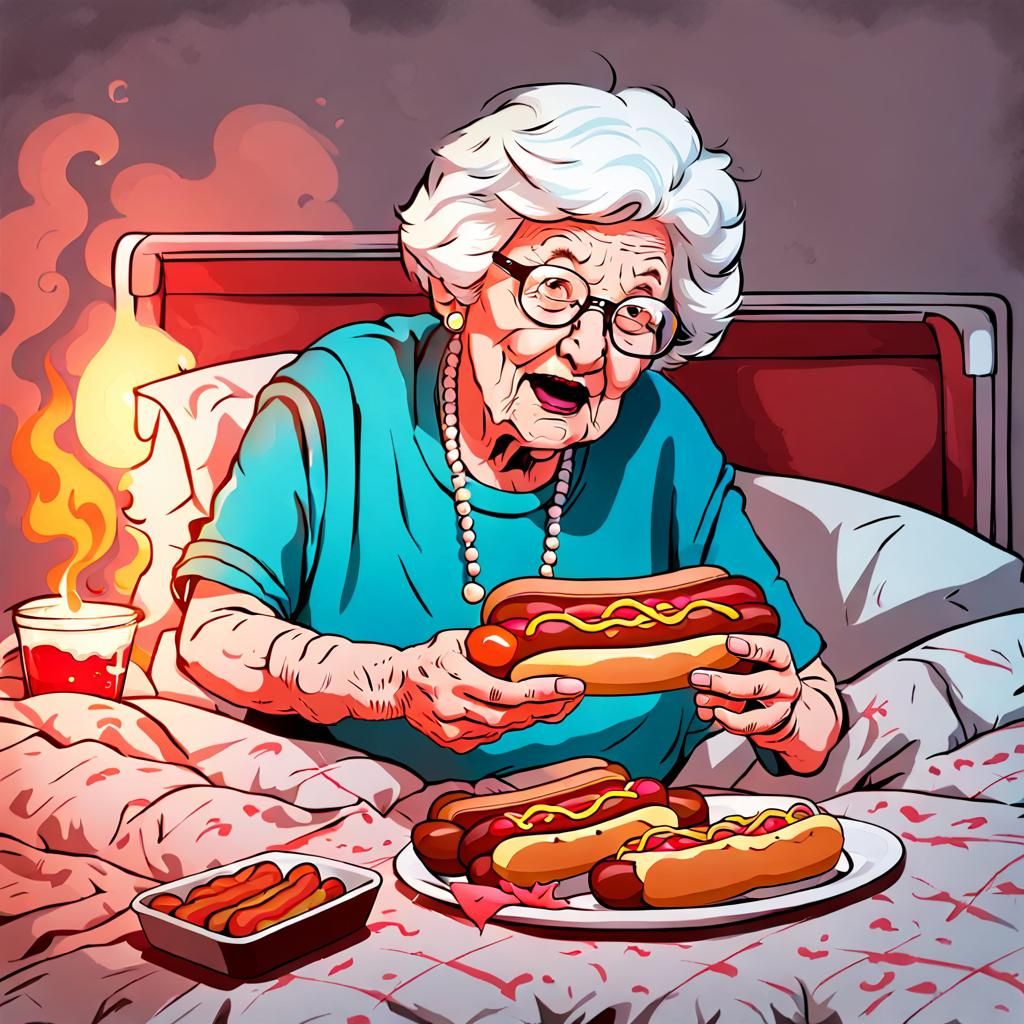 Humorous Image of a Grandma Eating Burnt Hotdogs