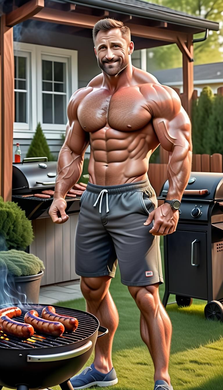 Muscular Man Grilling Sausages in Backyard, Photorealistic