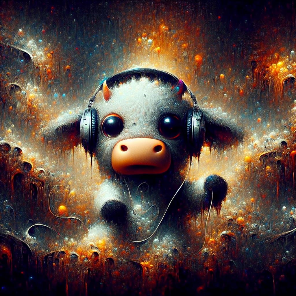Cow with Headphones: Fantastical Moody Concept Art