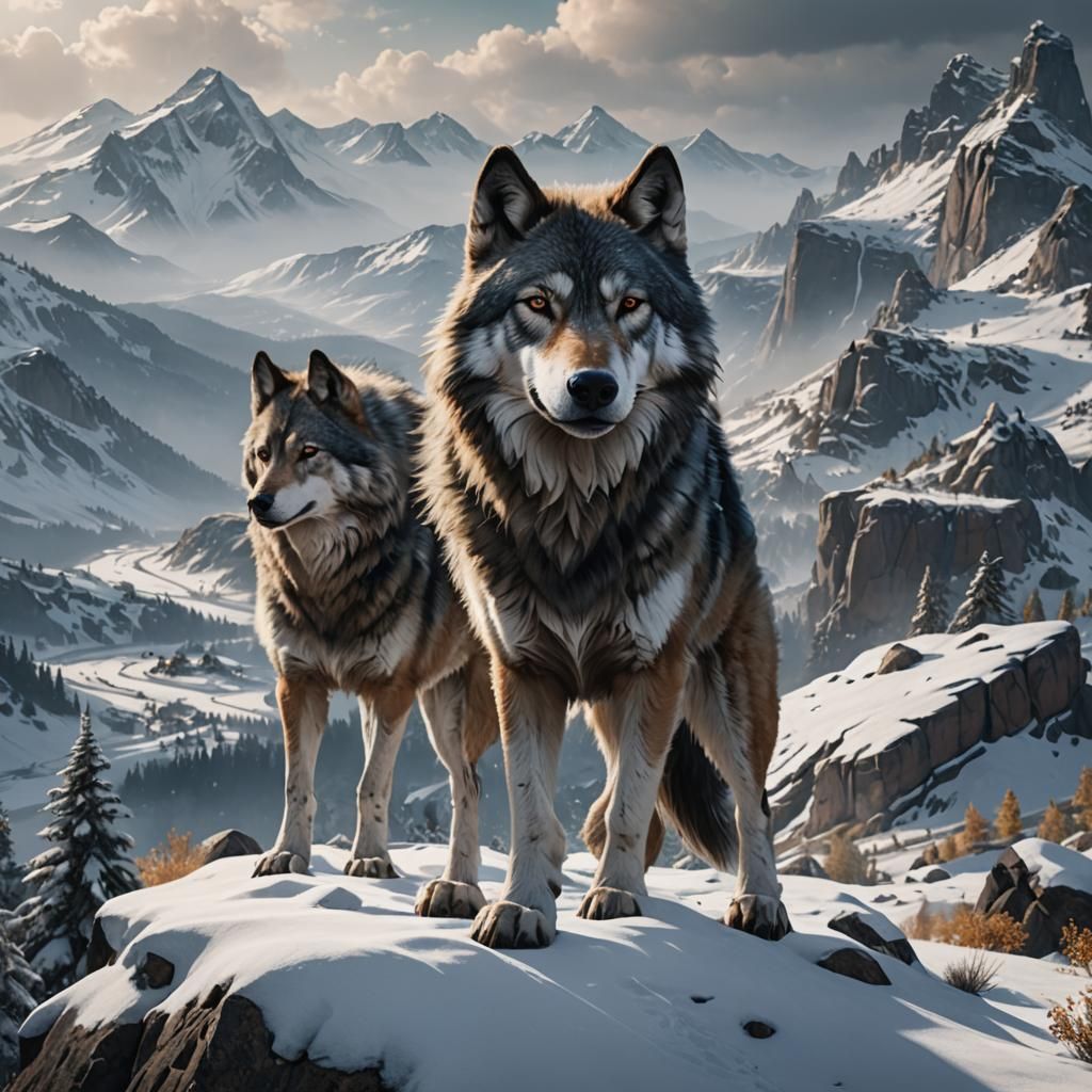 Wolf-Dog in Snowy Western Landscape: Detailed Matte Painting