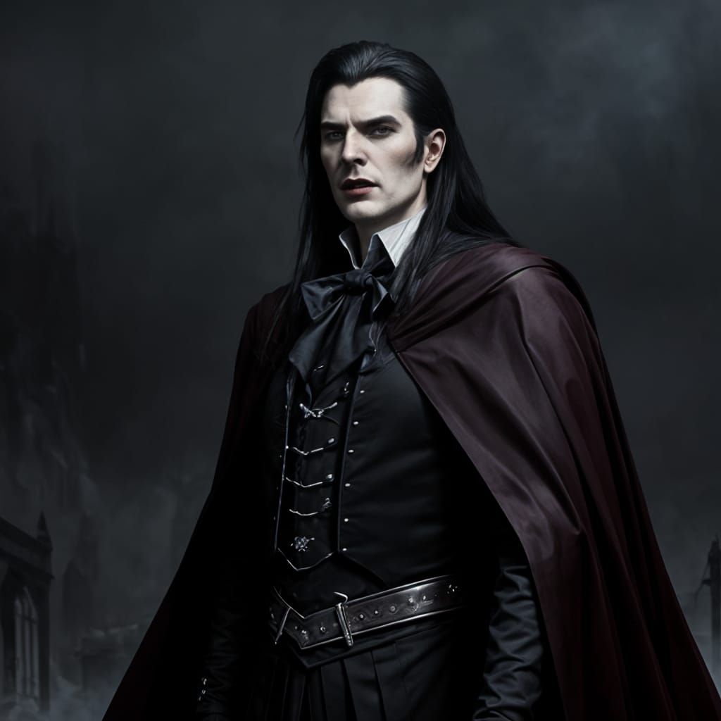 Aristocratic Vampire with Fangs in Gothic Setting