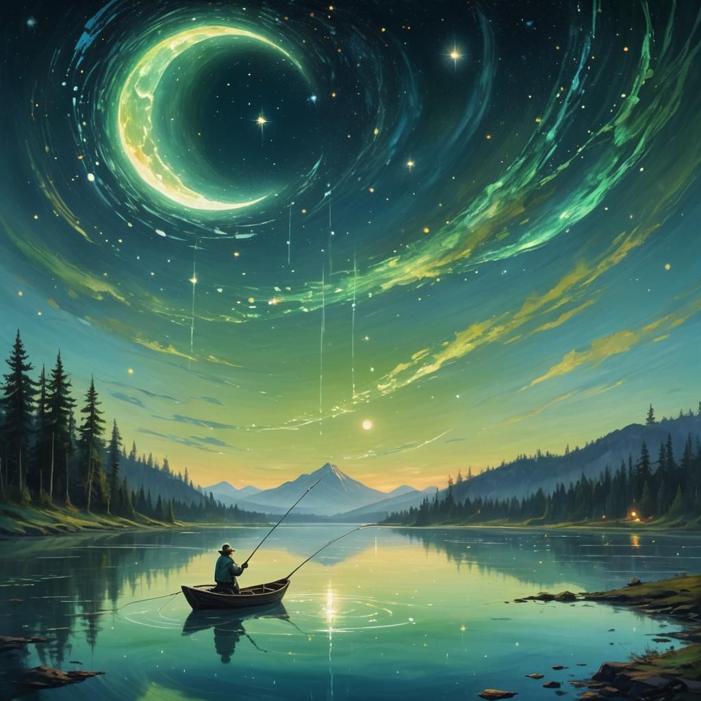 Fishing for Stars with the Moon in Dreamcore Style