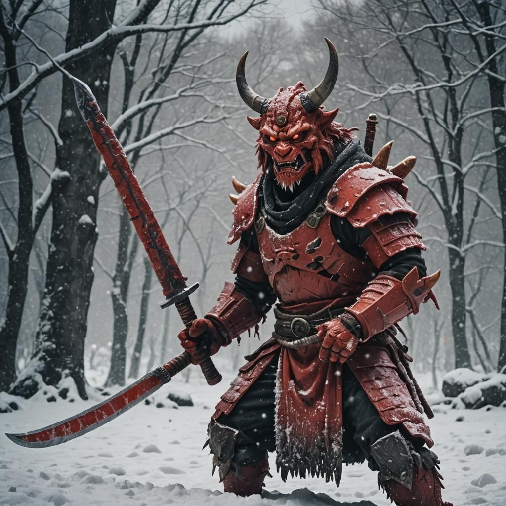 Battle-Worn Red Oni in Snowy Cinematic Scene