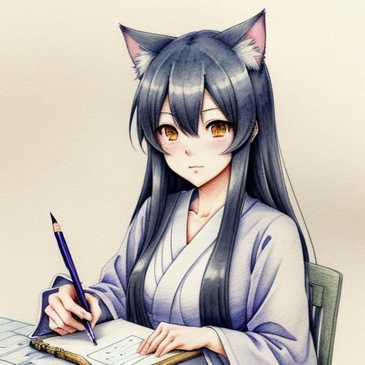 Anime Cat-Girl Sketch in Watercolor Style