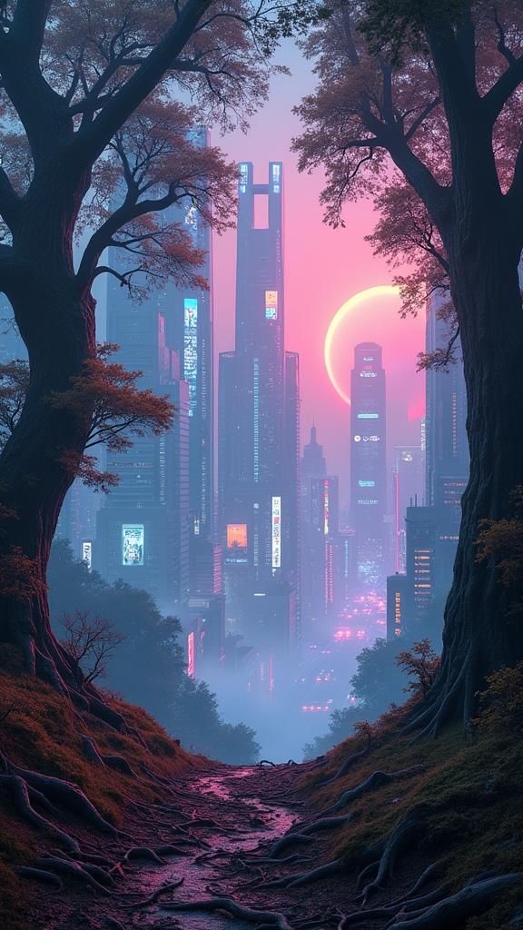 Neon Cityscape Behind Misty Forest Hill