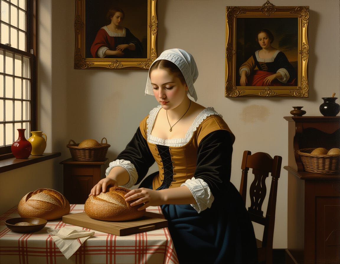 Woman Kneading Bread in Dutch Baroque Oil Painting Style