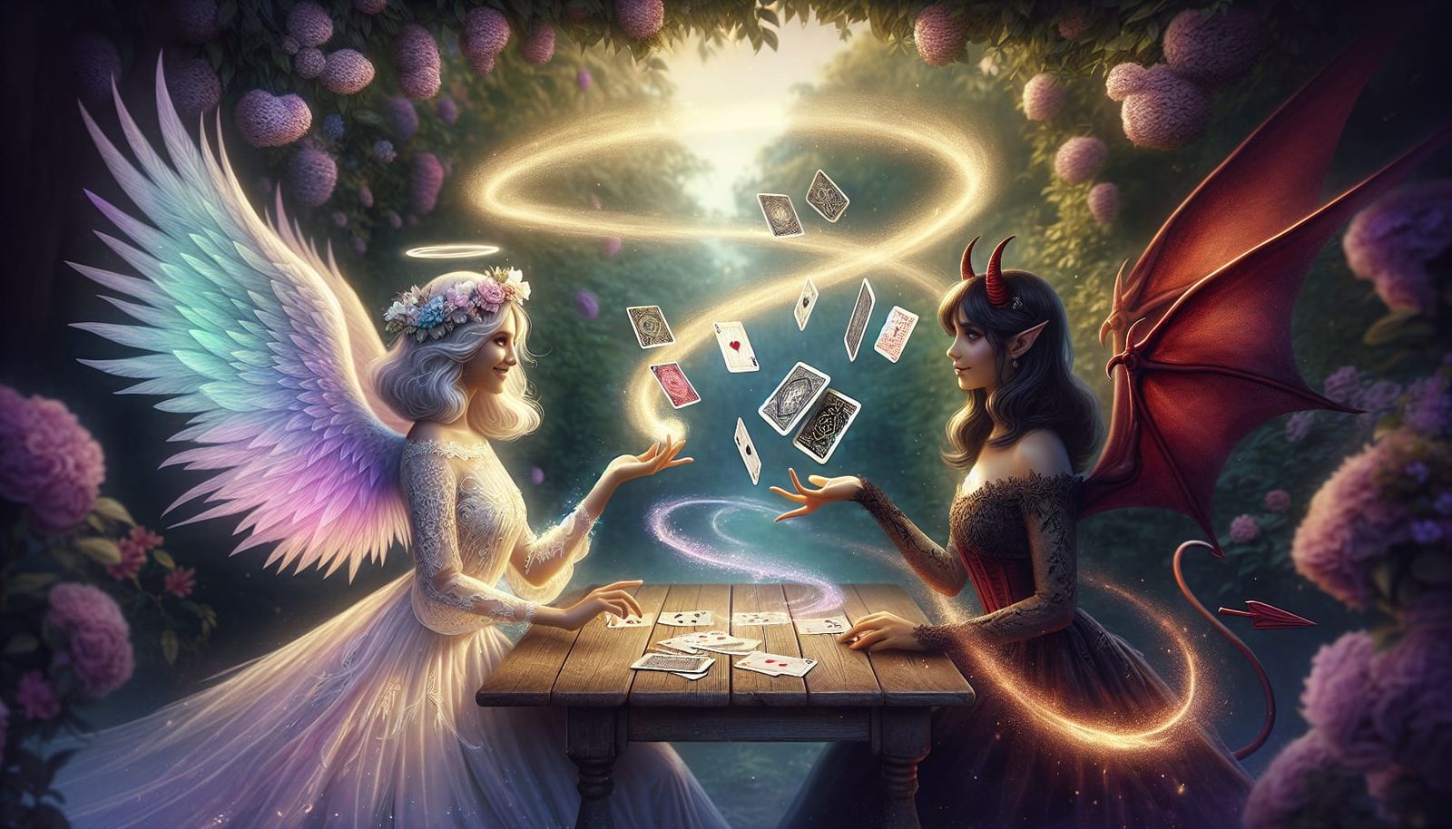 Angel and Devil Play Cards in a Serene, Magical Garden