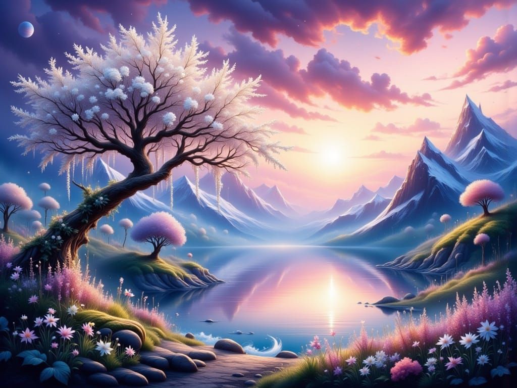 Ethereal Fantasy Landscape at Sunset with Planets