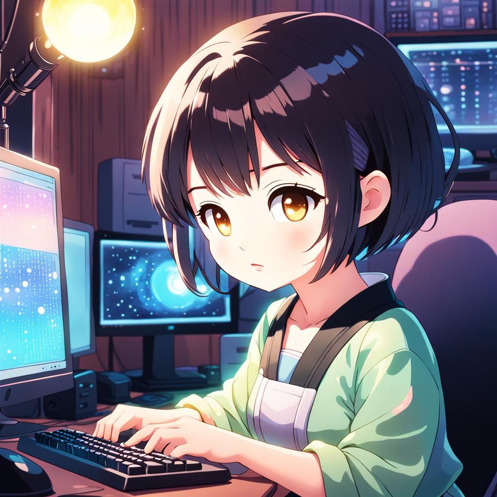 Kawaii Anime Chibi Woman Working on Computer