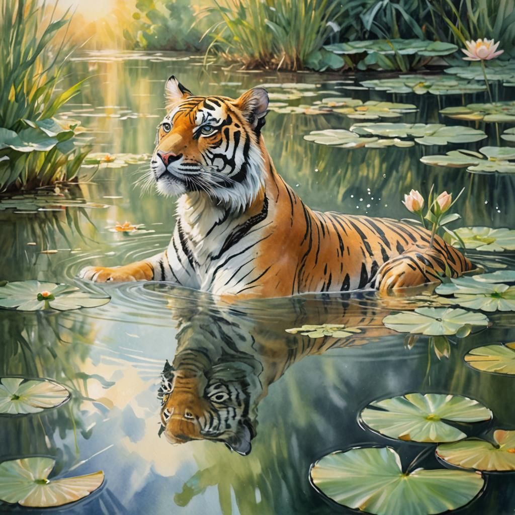 Watercolor Butterfly Reflecting Bengal Tiger, Monet Style