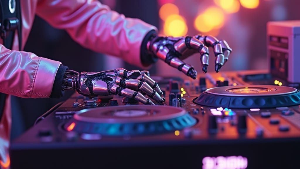 Futuristic DJ Spins Tracks with Neon-Lit Robotic Hands