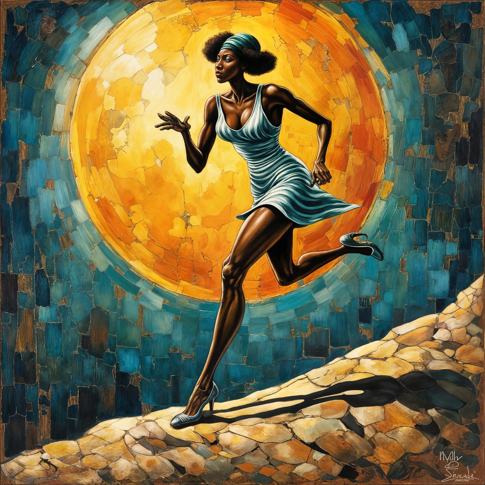 Expressionist Painting of a Woman Running on the Moon