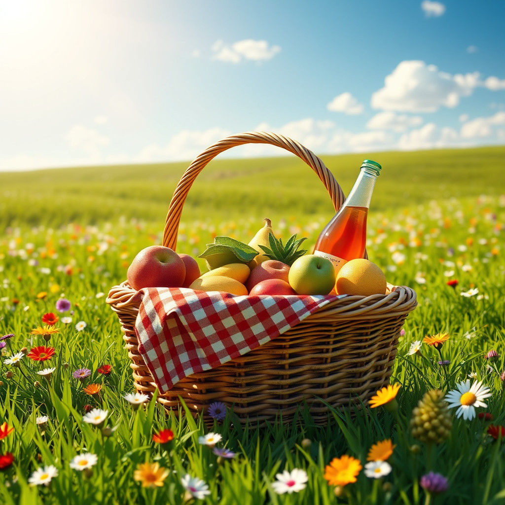 Whimsical Picnic Basket in a Sunlit Field