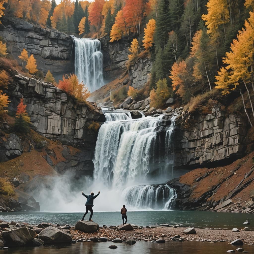 Autumn Waterfall Scene with Man Skipping Rocks