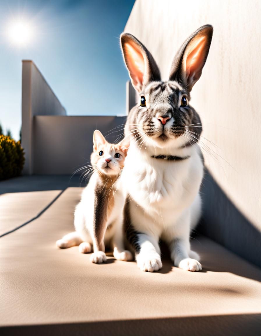 Rabbit and Cat Portrait in Sunlight