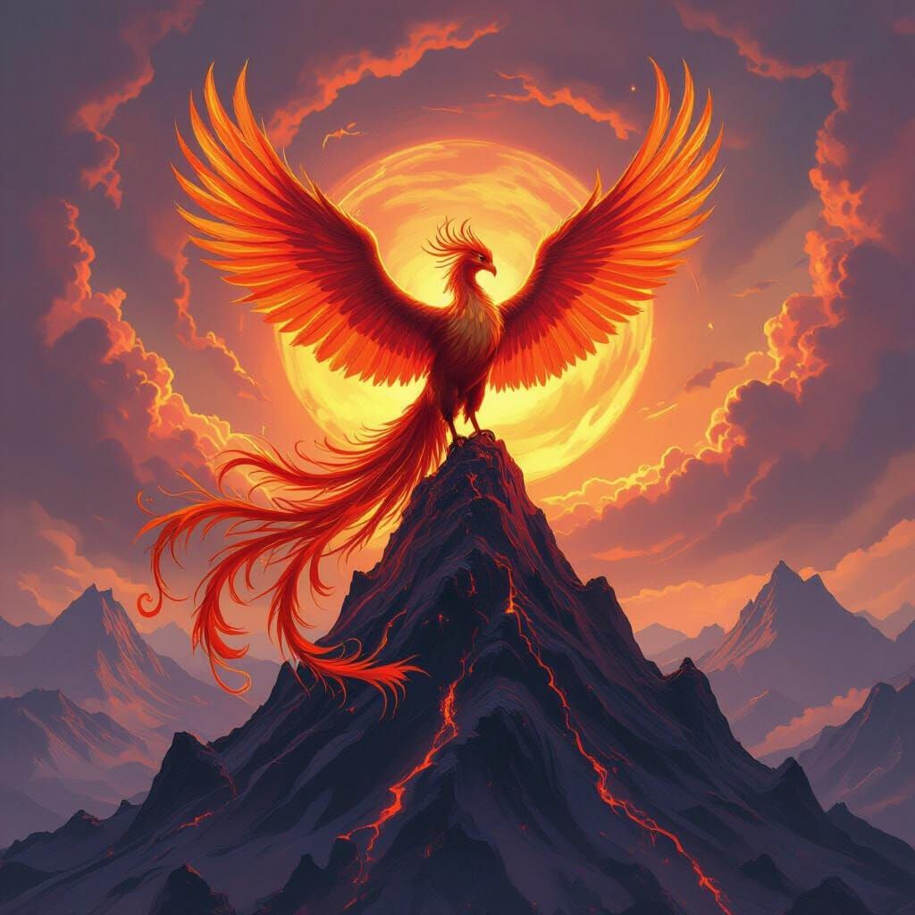 Majestic Phoenix on Volcanic Peak, Epic Fantasy Art