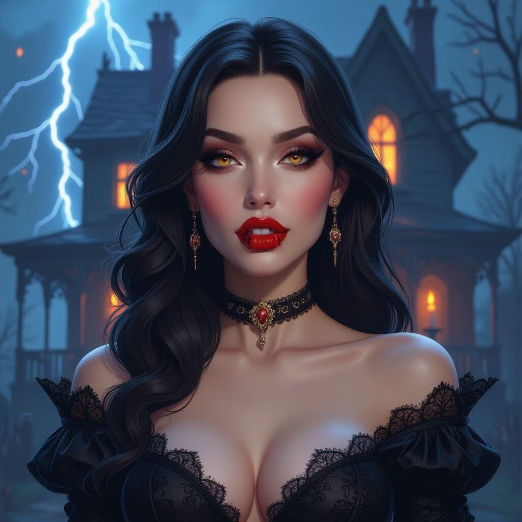 Vampire Woman Under Lightning Before Haunted House