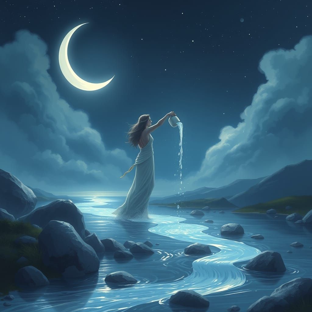 Ethereal Aquarius Water Bearer Under Crescent Moonlight