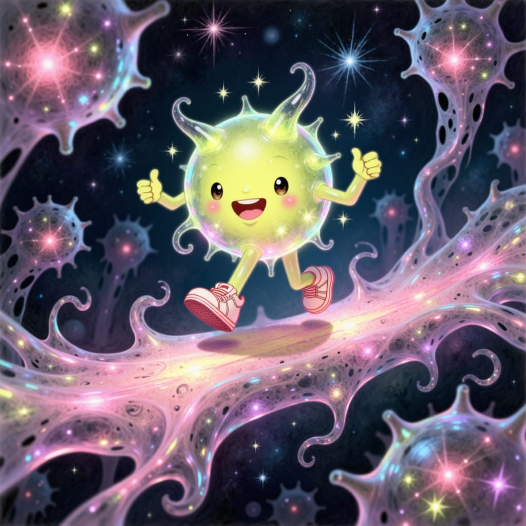 Cute Chibi Dopamine Molecule Running on Neuron