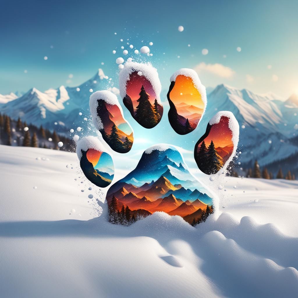 Dog Paw Print in Snowy Mountains: Splash Art