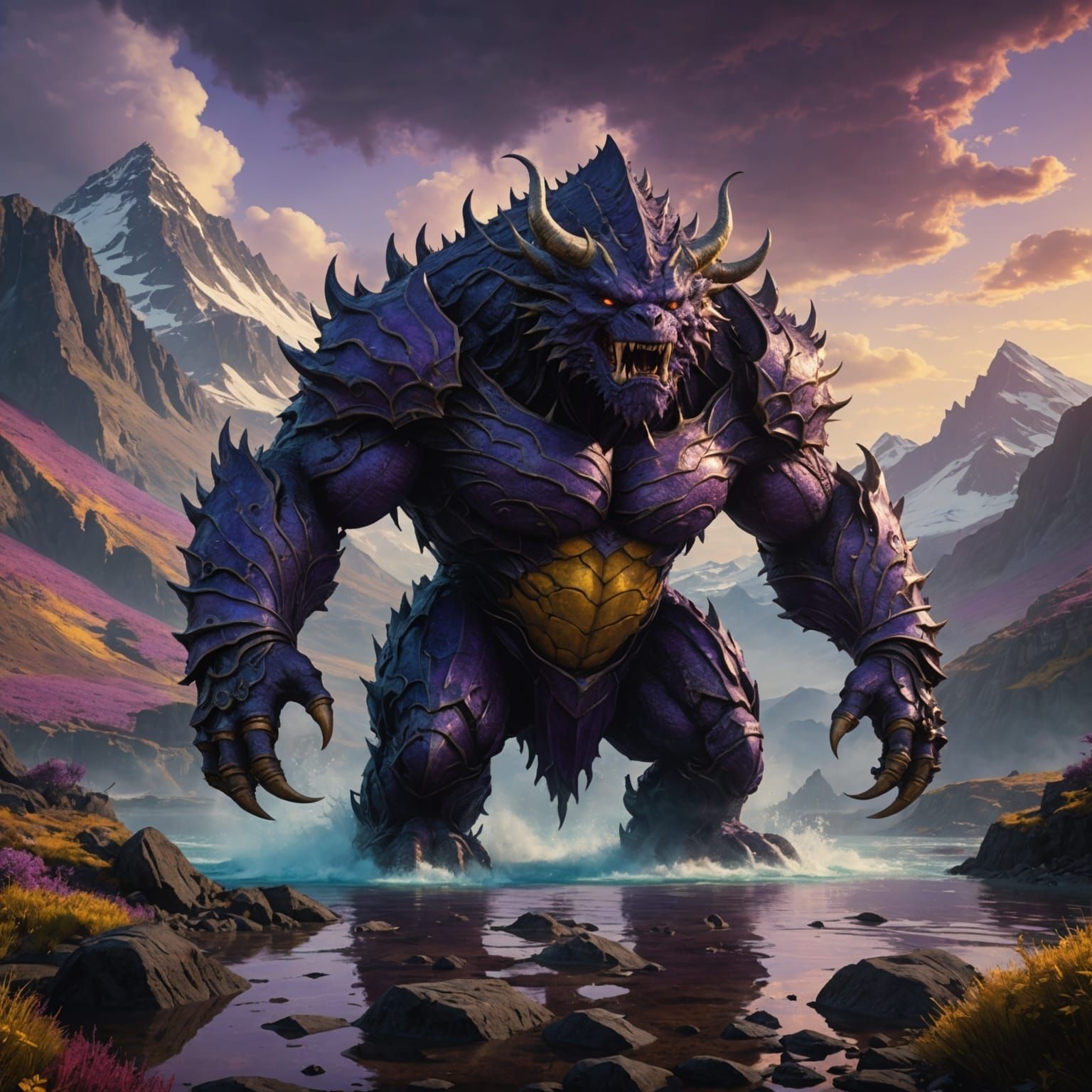 Fiery Lake Monster in Dark Fantasy Style