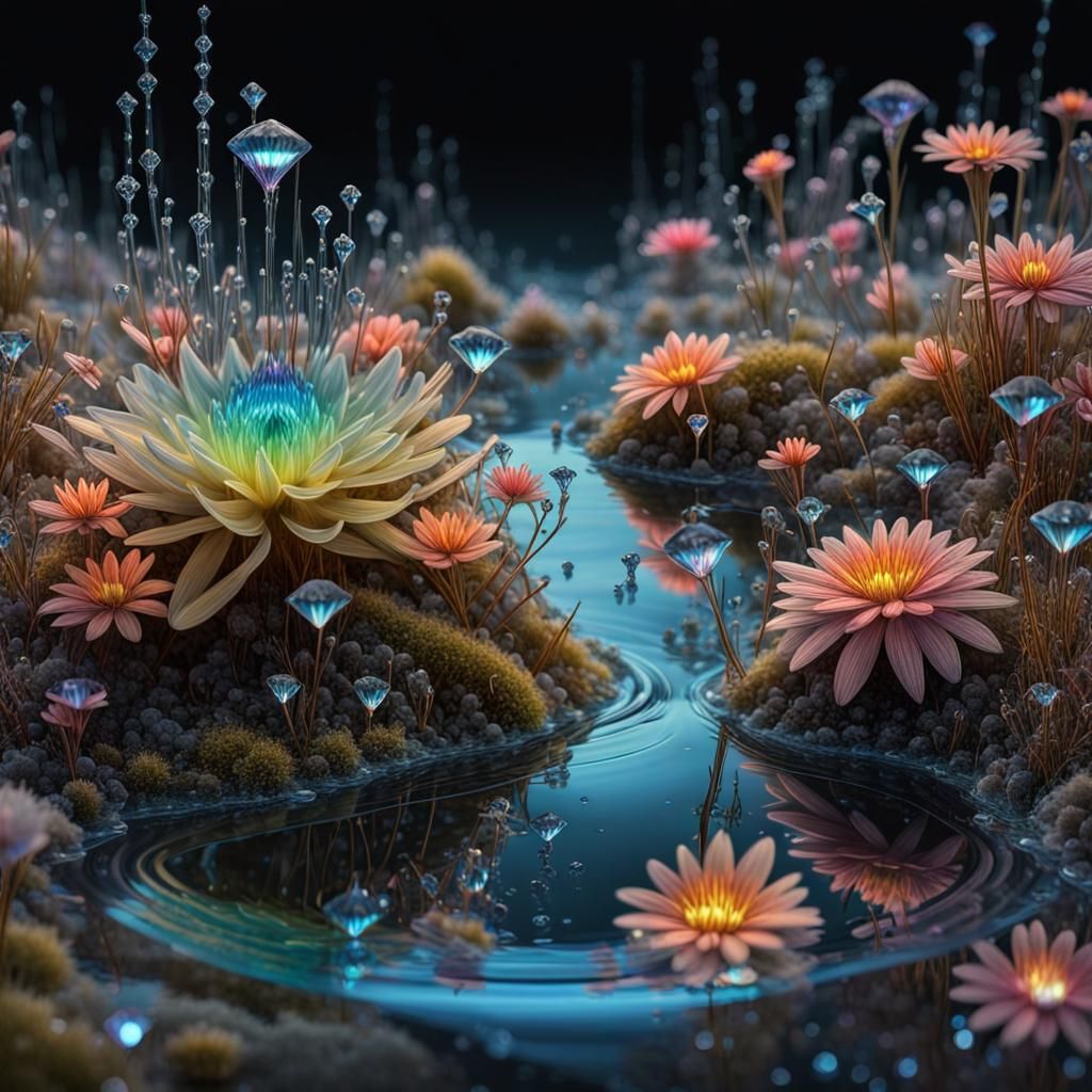 Bioluminescent Scandinavian Landscape with Diamond Water Dro...