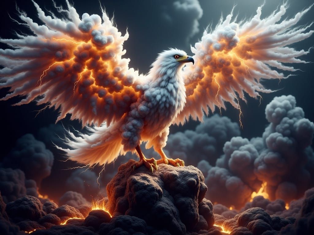 Phoenix-Eagle Hybrid on Volcanic Rock with Fiery Wings