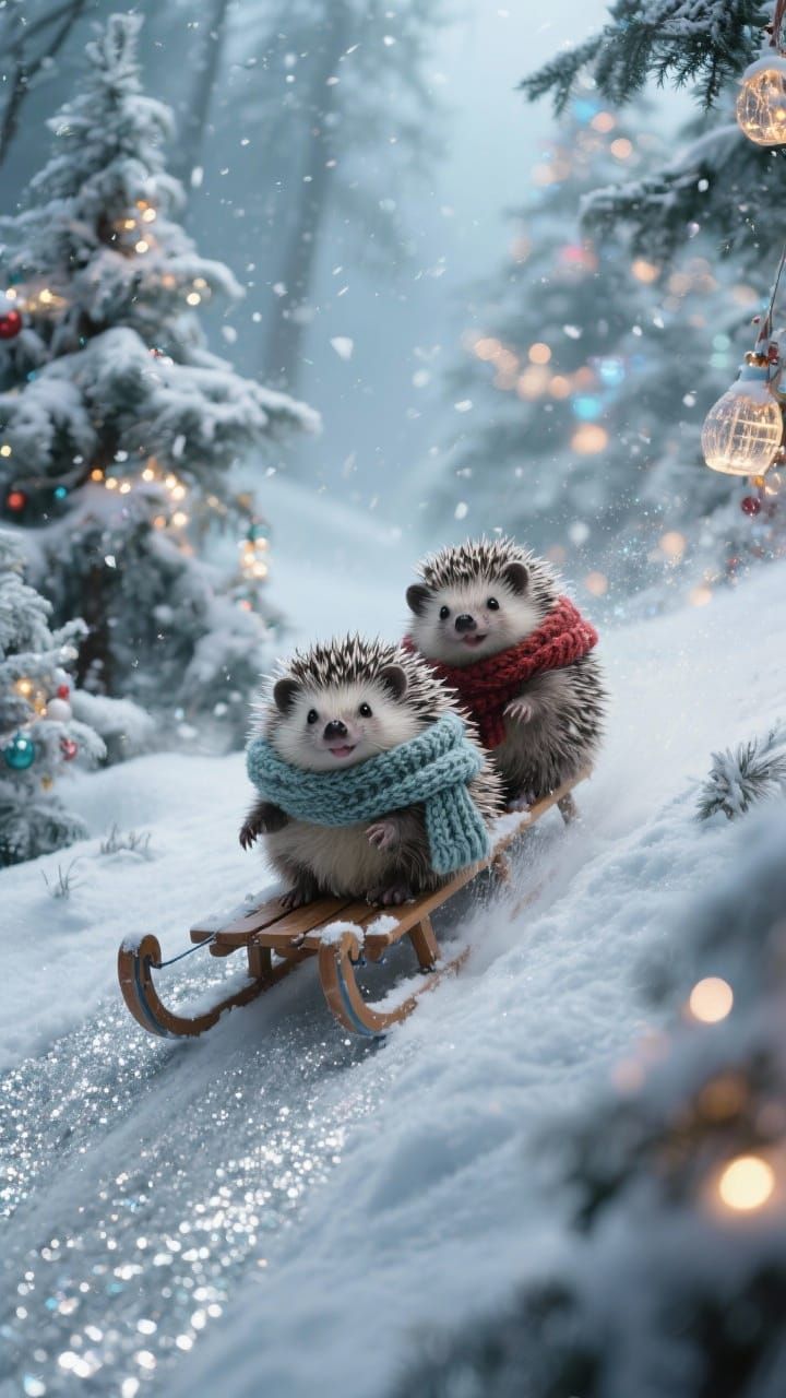 Joyful Hedgehogs Sledding in a Magical Winter Wonderland