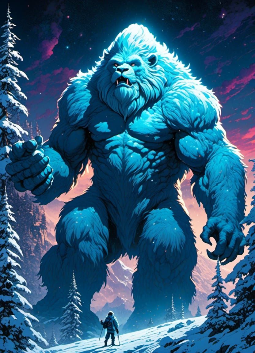 Bioluminescent Yeti Portrait in Snowy Mountains