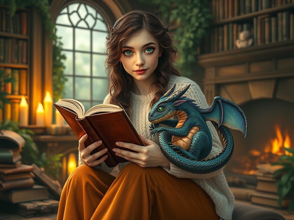 Enchanted Bookworm with Dragon Companion in Cozy Cottage