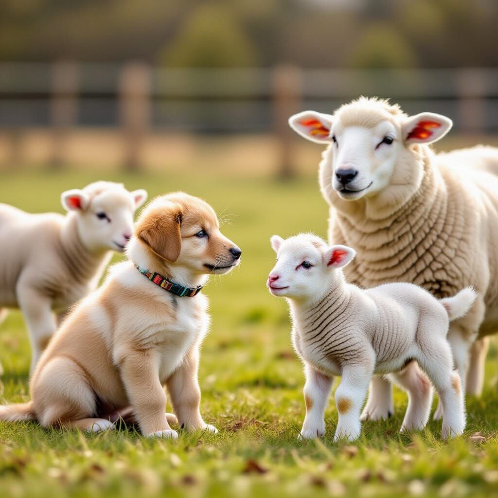 Collie Puppy Watches Parents Working with Lambs