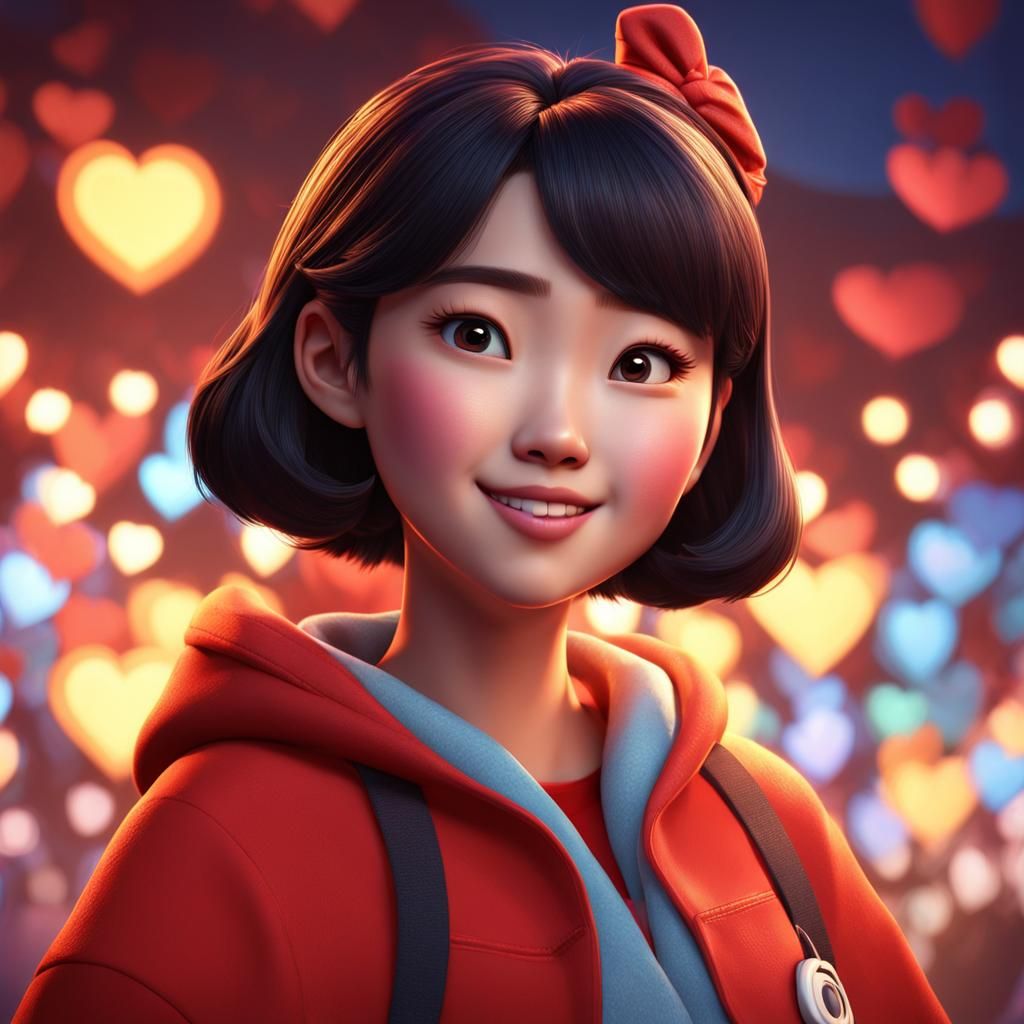 Korean Girl Sending Love in Disney Pixar Style
