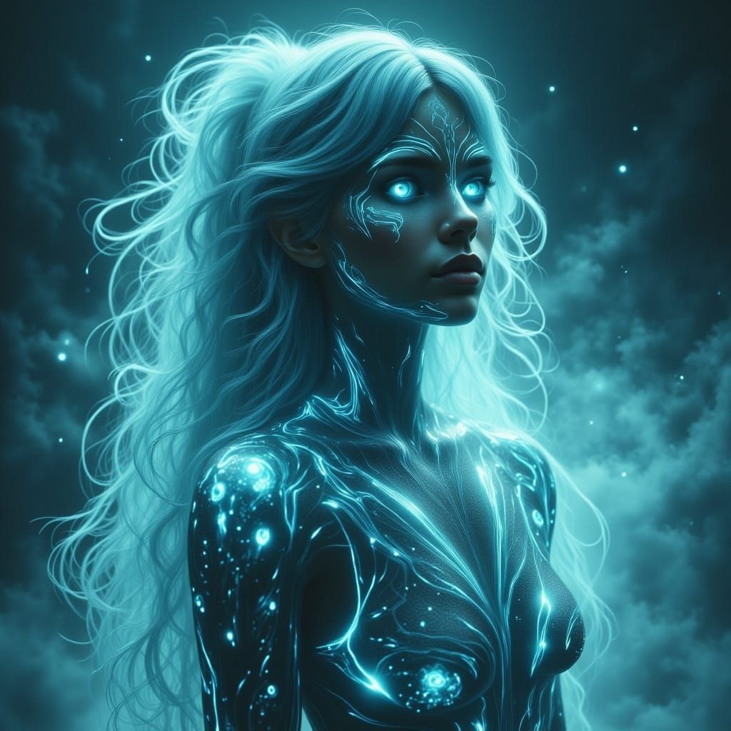 Woman in Celestial Veil with Bioluminescent Mist