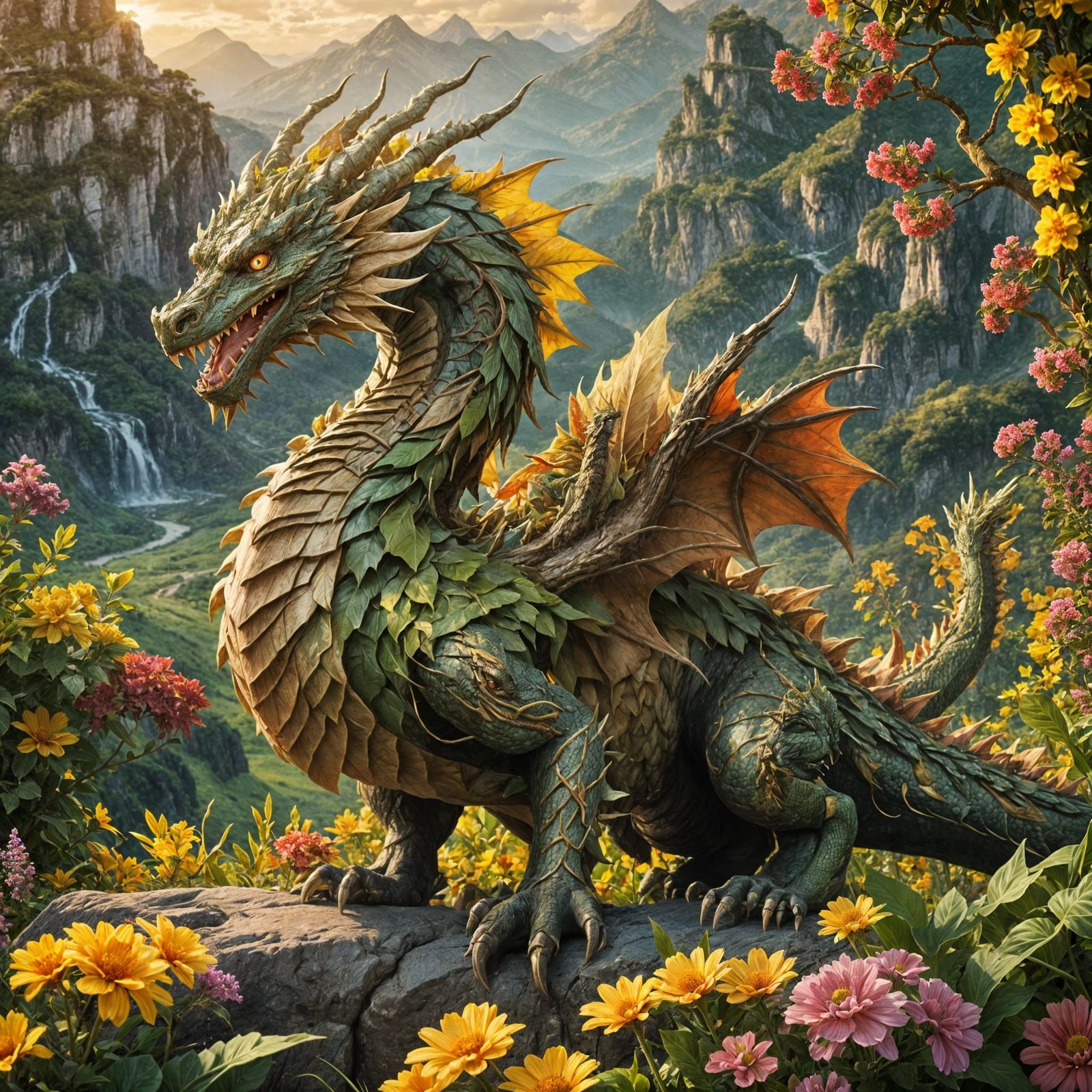 Majestic Green Dragon Overlooking Flower Field