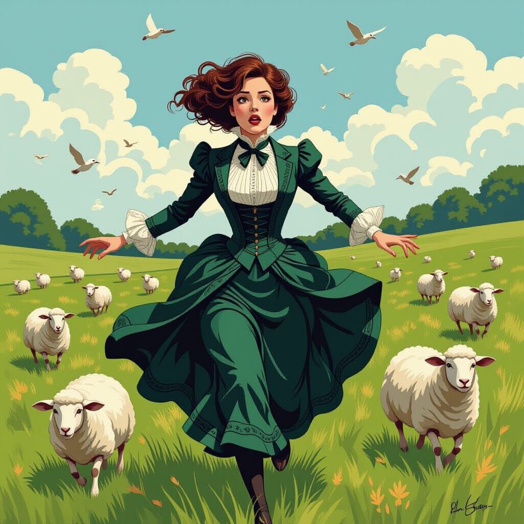 Frightened Woman Runs in Meadow: James Jean Style