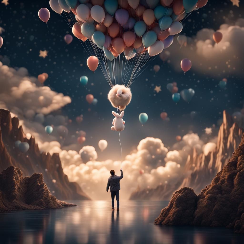 Man and Bunny Ascend into Starry Sky