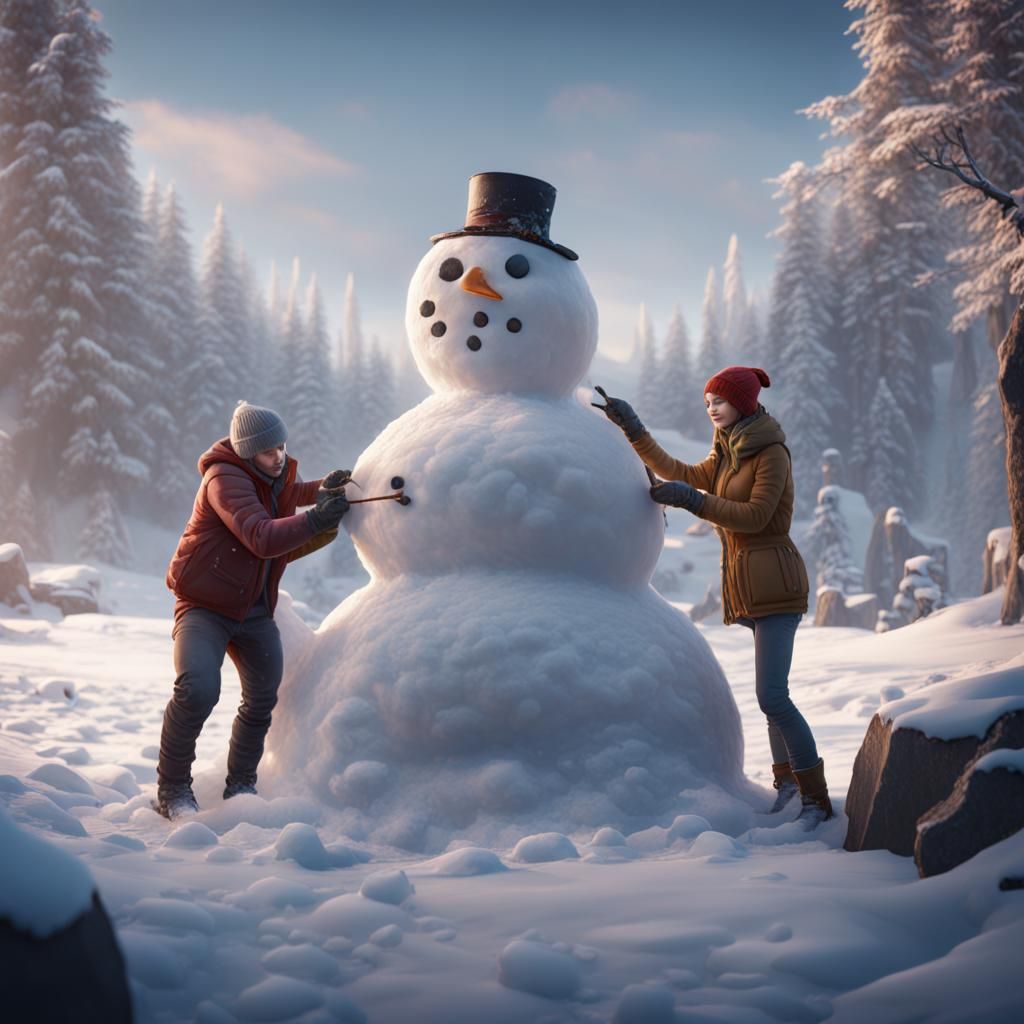 People Building a Snowman in a Fantasy Landscape