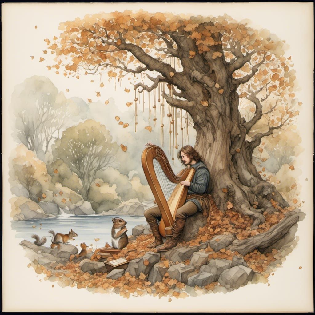 Bard Plays Harp Beneath Hazel Tree