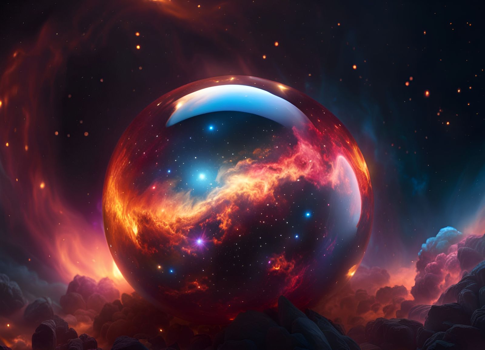 Fiery Galaxies Inside Glass Sphere: Hyperrealistic Concept A...