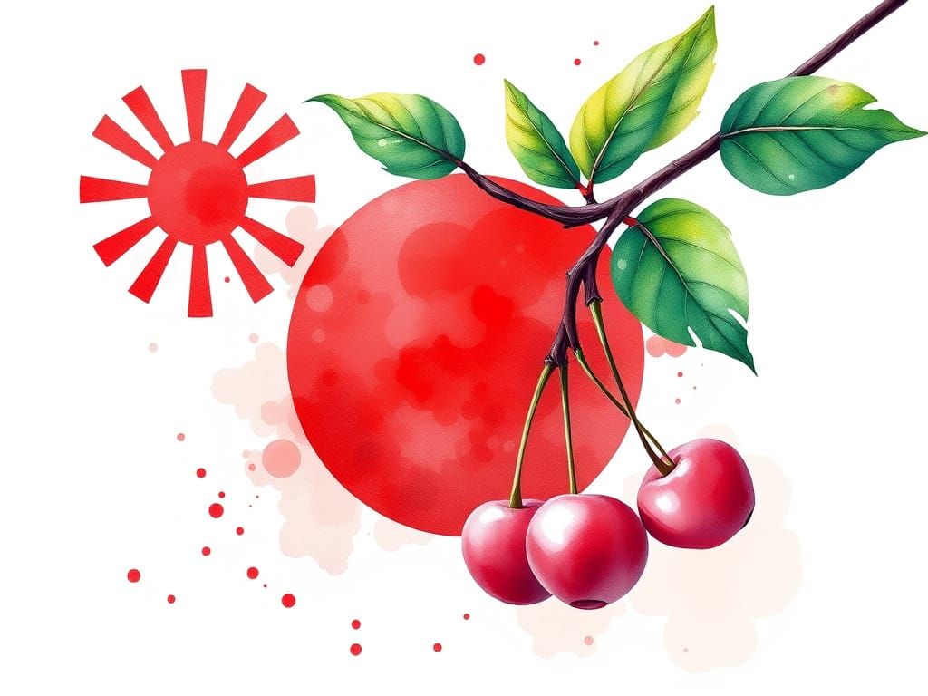 Watercolor Cherry with Japanese Flag, Digital Art
