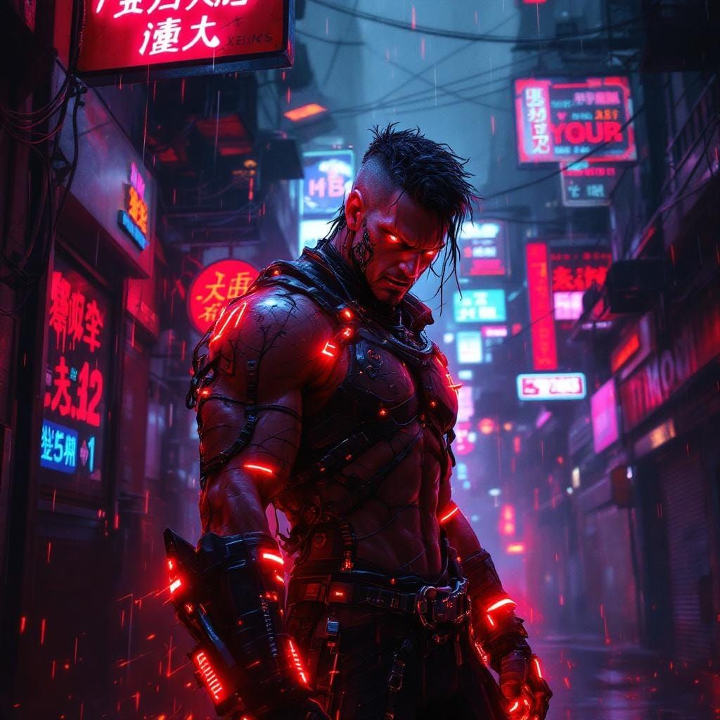 Cyberpunk Warrior in Rain-Soaked Alley