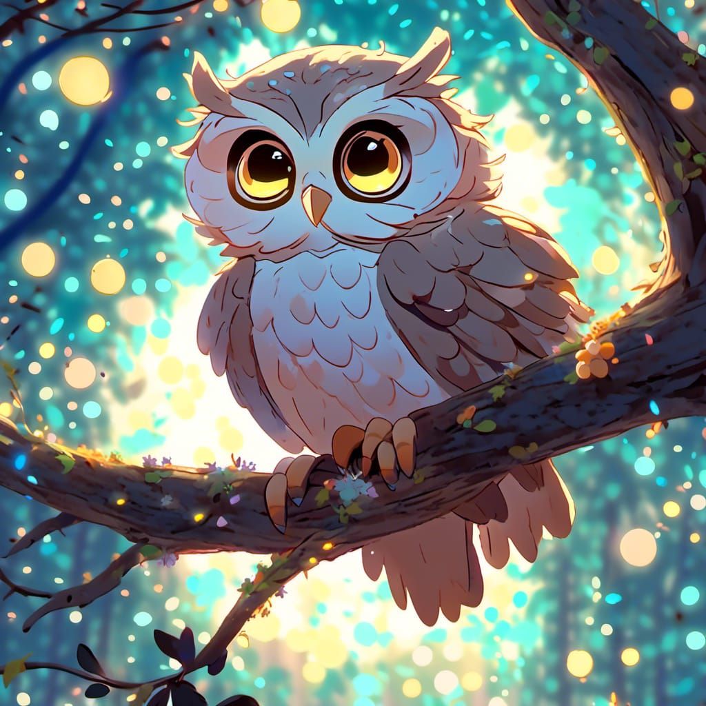 Adorable Owl with Disney Eyes in Anime Style